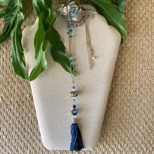 Blue Tassel & Glass Bead LONG Necklace